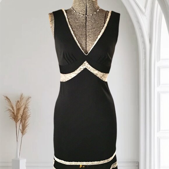 Express Dresses & Skirts - SOLD Black V-Neck Dress with White Lace Trim | Express | Size 7/8 M
